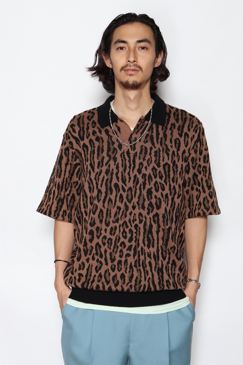 画像: WACKO MARIA/LEOPARD KNIT JAQUARD POLO SHIRT（ブラウン）［ジャガードニットポロシャツ-22春夏］