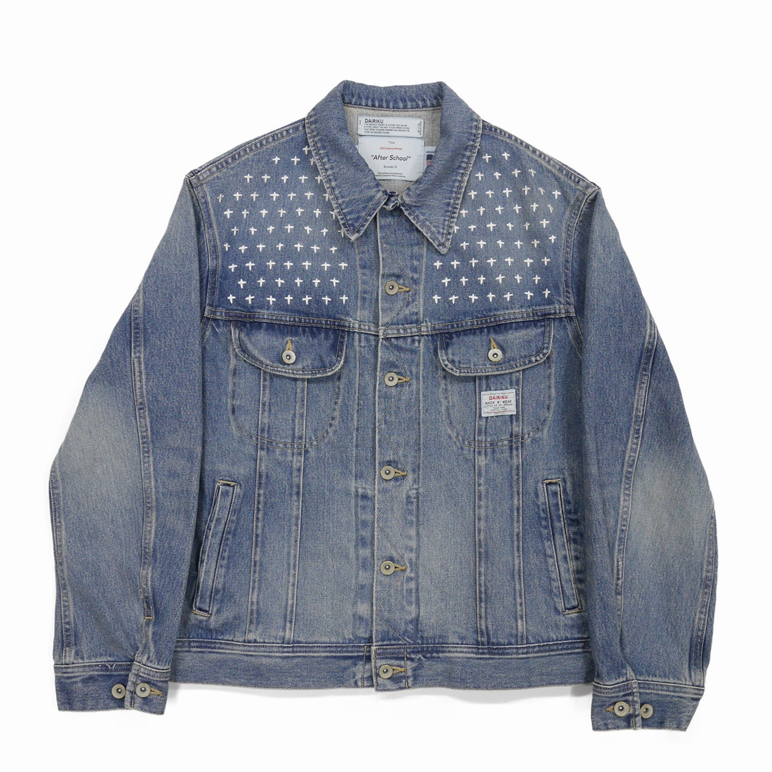 DAIRIKU/Cross Embroidery Vintage Denim jacket（Washed Indigo