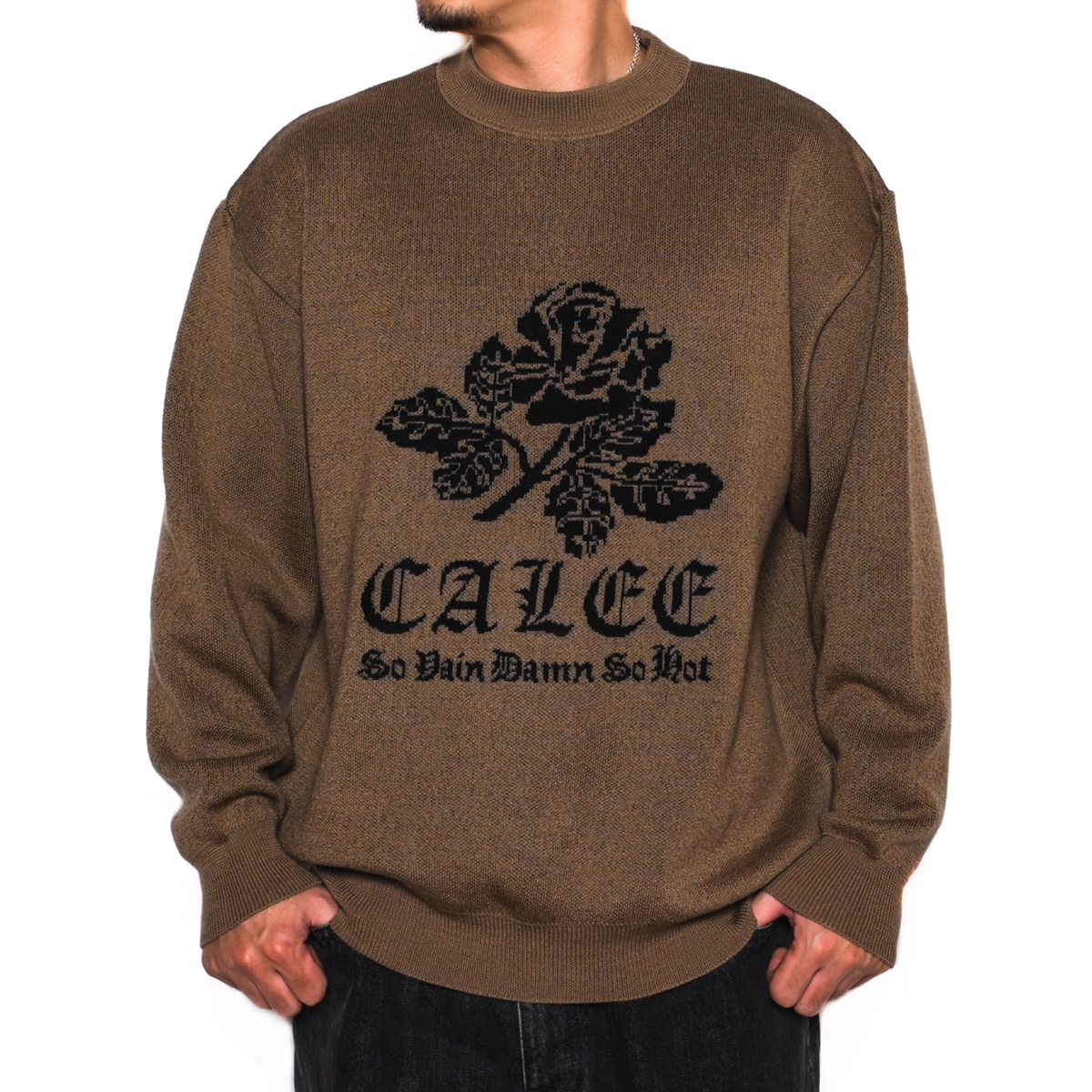 画像: CALEE/12 Gauge first sight jacquard crew neck knit sweater（Khaki） 【30%OFF】［ジャガードクルーネックセーター-22秋冬］