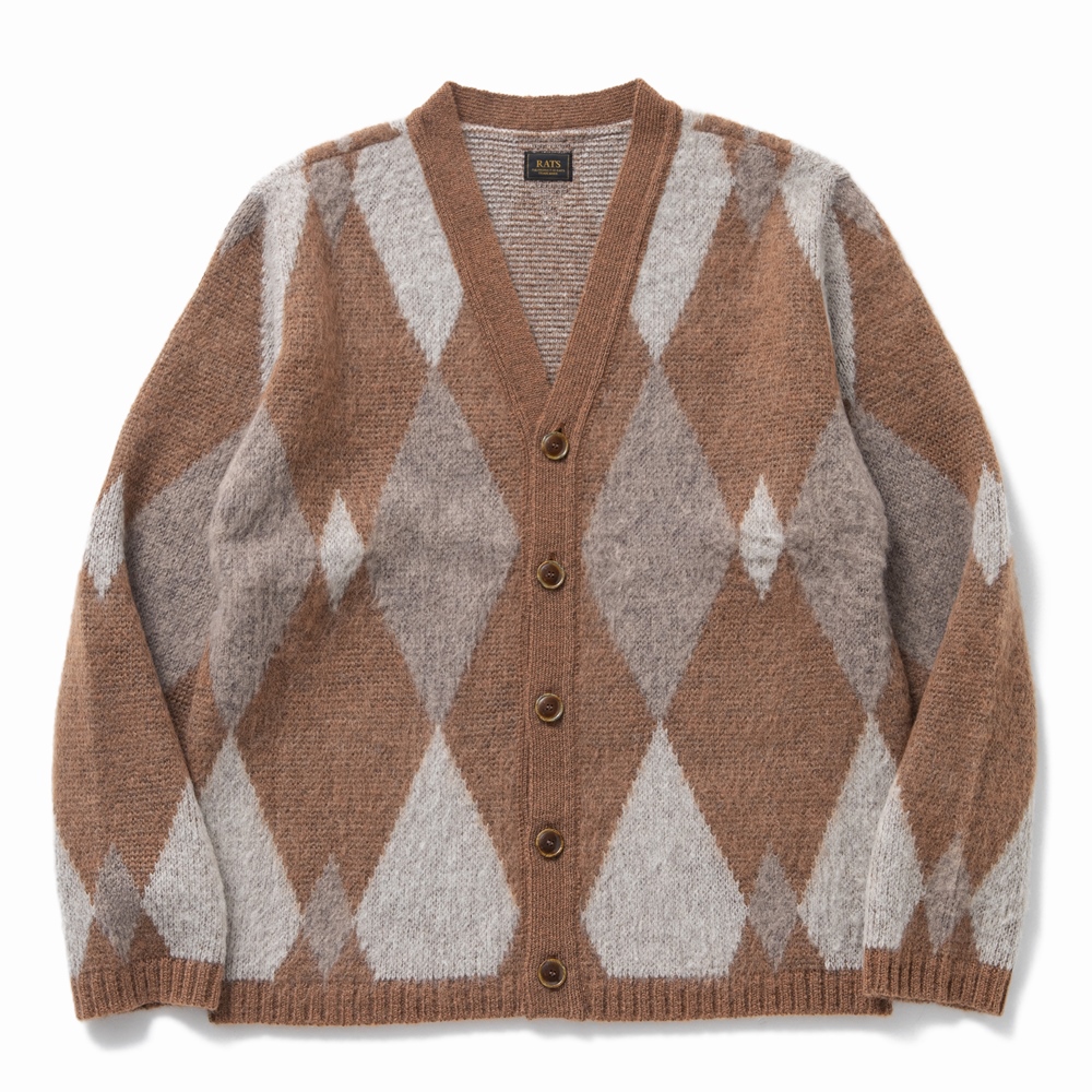 RATS/ARGYLE MOHAIR KNIT CARDIGAN（BROWN） 【30%OFF】［アーガイル