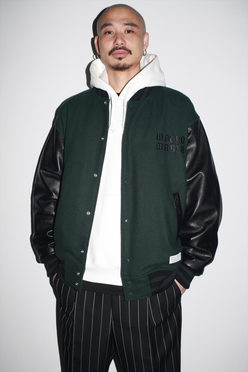 画像: WACKO MARIA/LEATHER VARSITY JACKET（D-GREEN）［袖レザースタジャン-23春夏］