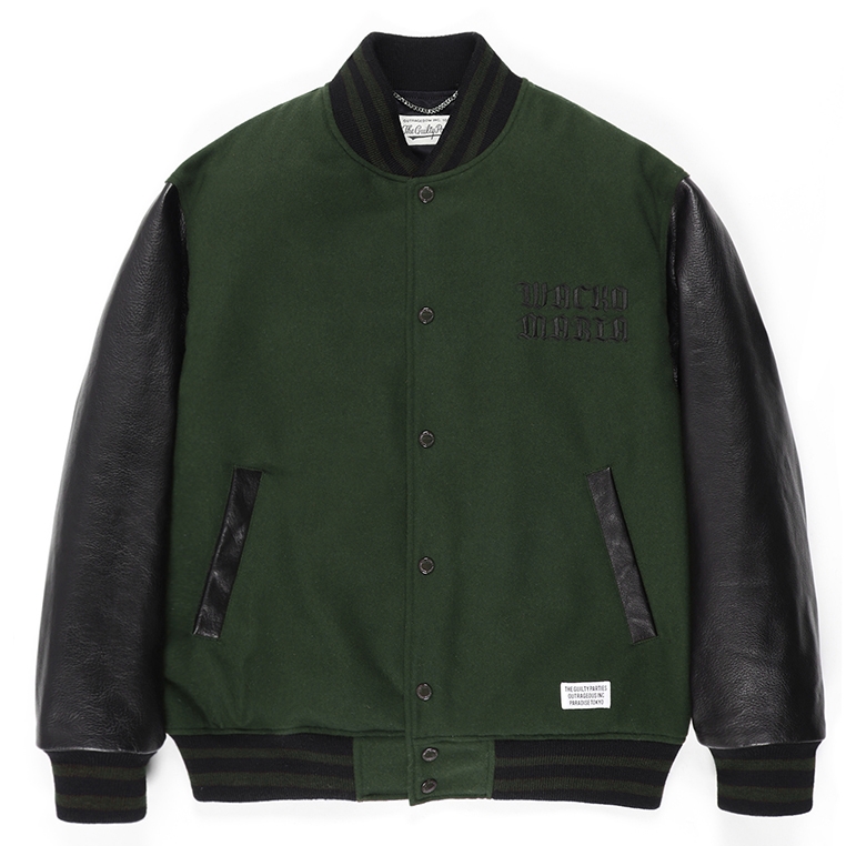 画像: WACKO MARIA/LEATHER VARSITY JACKET（D-GREEN）［袖レザースタジャン-23春夏］