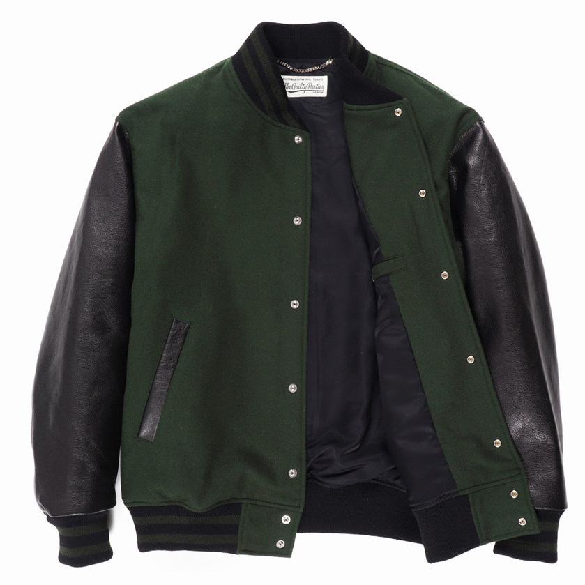 画像: WACKO MARIA/LEATHER VARSITY JACKET（D-GREEN）［袖レザースタジャン-23春夏］