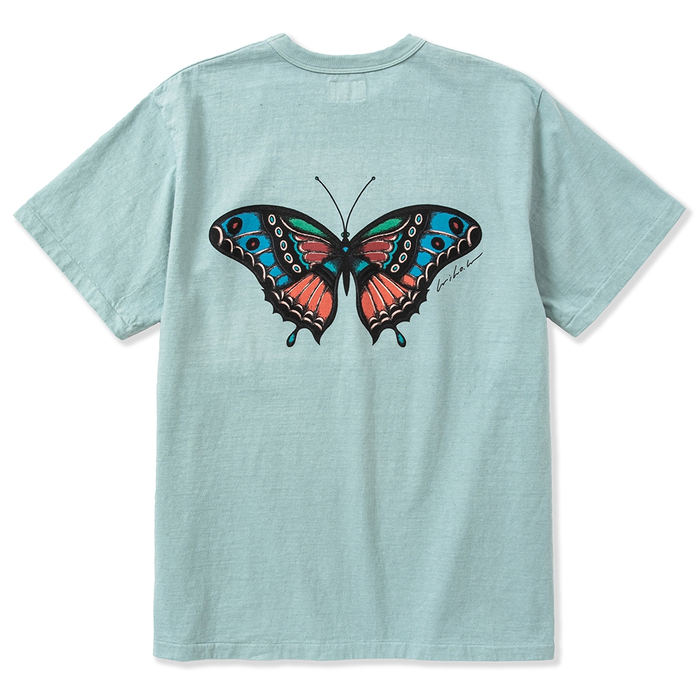 画像: CALEE/×MIHO MURAKAMI Binder neck CL butterfly logo vintage t-shirt（Lt.Blue） 【60%OFF】［プリントT-23春夏］