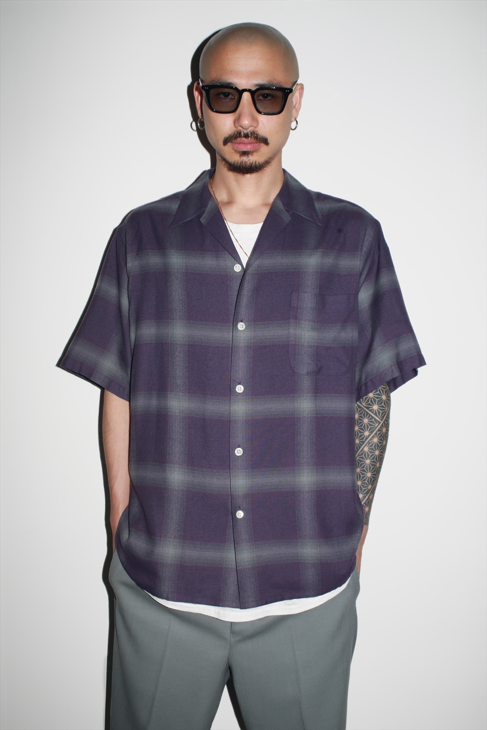 WACKO MARIA/OMBRE CHECK OPEN COLLAR SHIRT（PURPLE）［オンブレ