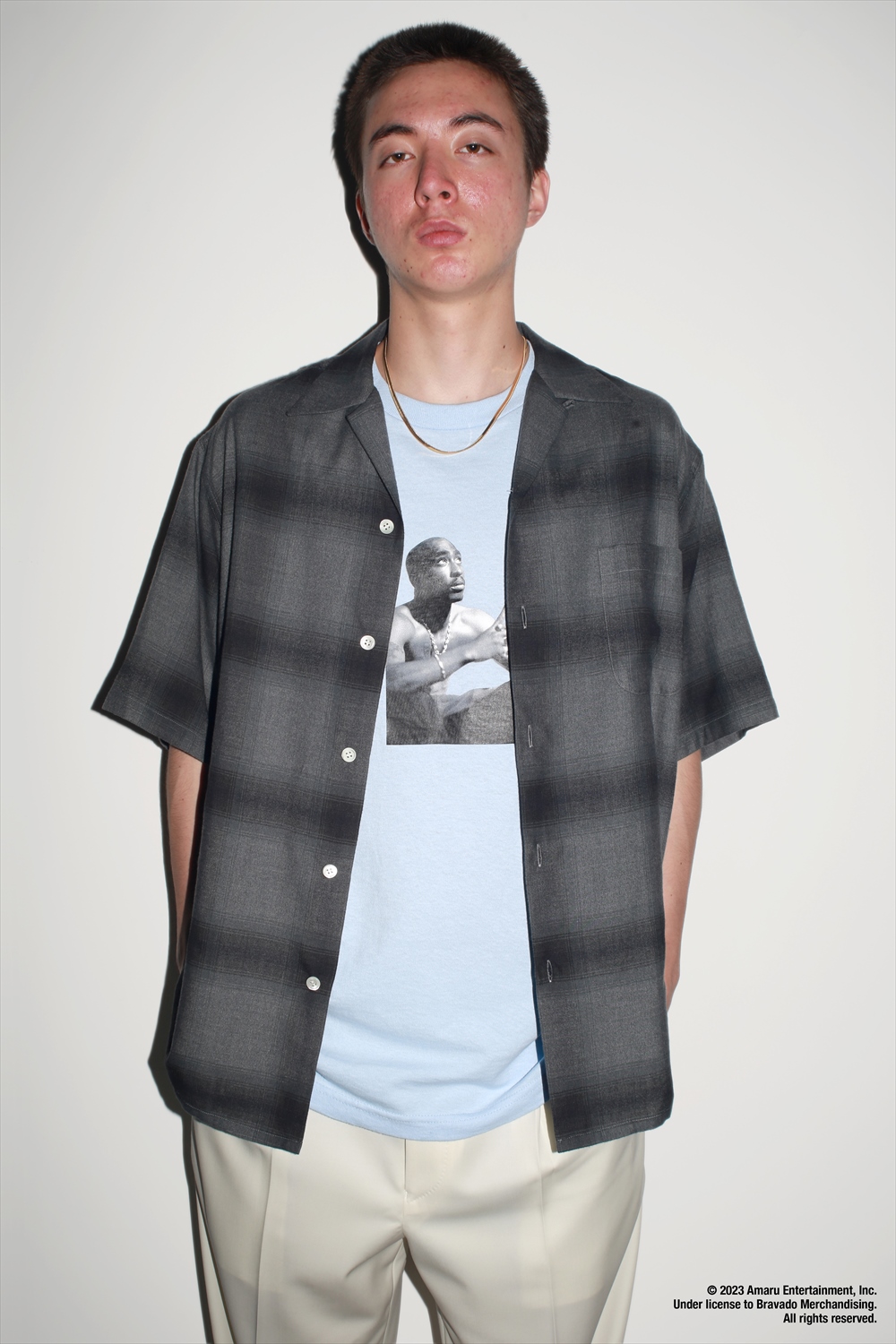 画像: WACKO MARIA/OMBRE CHECK OPEN COLLAR SHIRT（GRAY/BLACK）［オンブレチェックオープンカラーシャツ-23春夏］