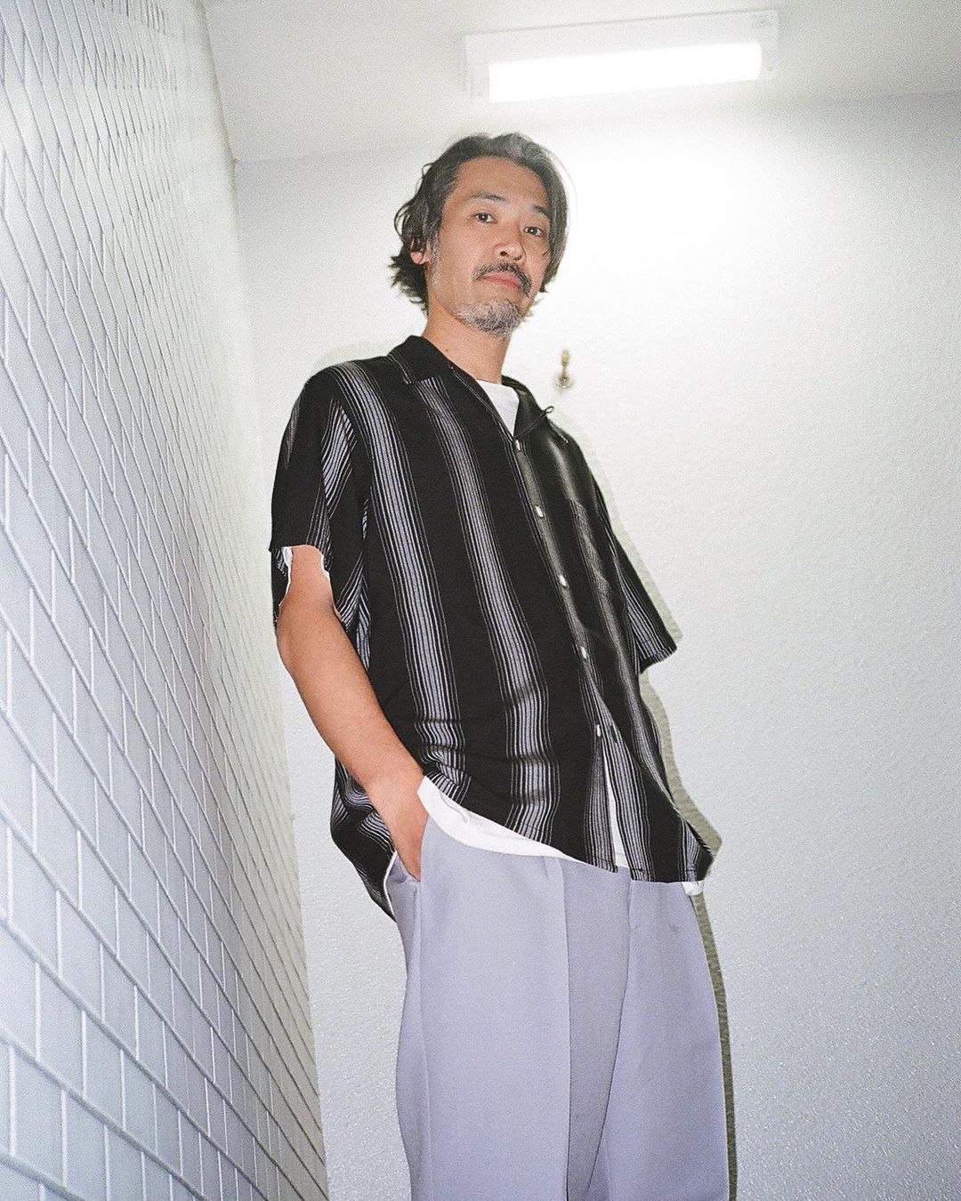 画像: WACKO MARIA/STRIPED OPEN COLLAR SHIRT（BLACK）［ストライプオープンカラーシャツ-23春夏］