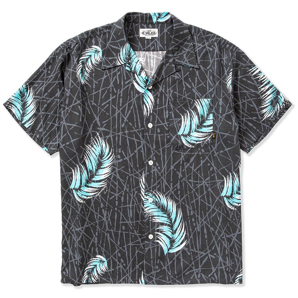 画像: CALEE/Allover feather pattern amunzen cloth S/S shirt（Black） 【50%OFF】［フェザーオープンカラーシャツ-23春夏］