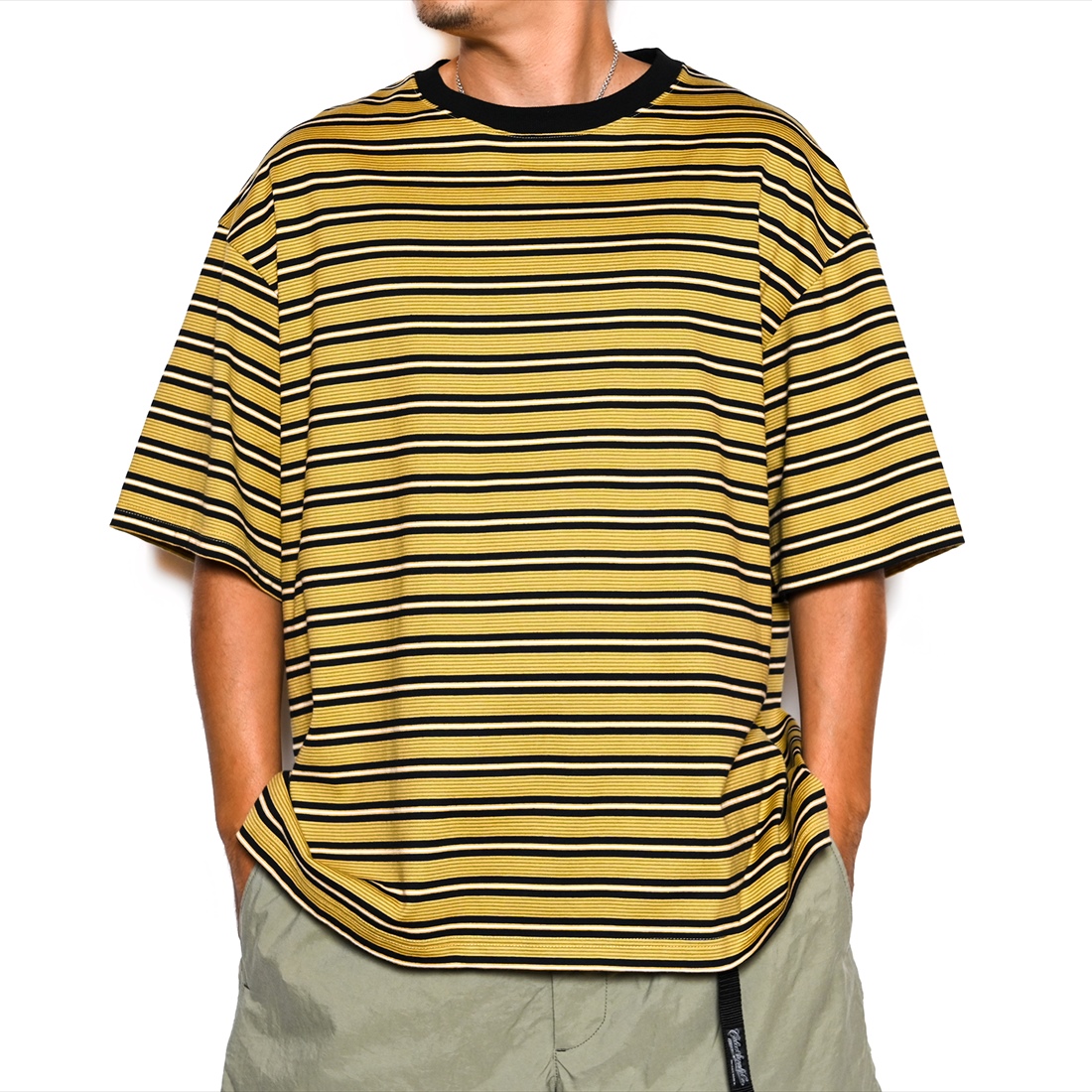 画像: CALEE/Drop shoulder narrow pitch border S/S cutsew（Black/Mustard） 【40%OFF】［ドロップショルダーボーダーT-23春夏］