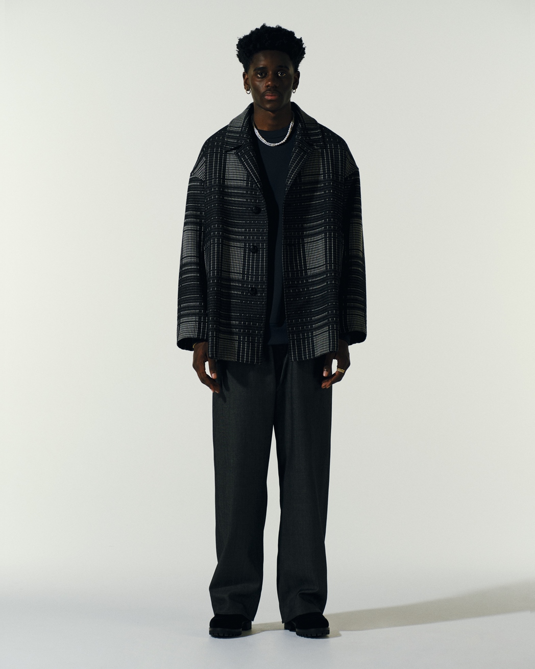 画像: COOTIE PRODUCTIONS/Jacquard Check Wool Short Chester Coat（Black）［ジャガードチェックショートチェスターコート-23秋冬］