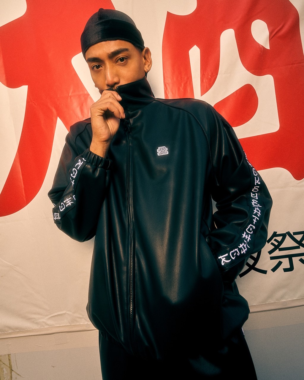 BlackEyePatch/KANJI TAPED FAUX LEATHER TRACK JACKET（BLACK） - JONAS